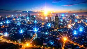 Network diagram of agentic AI icons connected over a city skyline, illustrating hyper-personalization and 1:1 customer journeys in a MarTech stack.