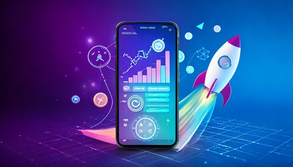Smartphone displaying gamified onboarding with progress bar and badges, boosting app retention