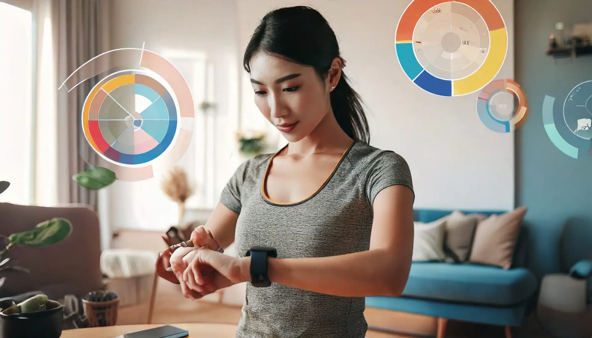 Person checking smartwatch with gamified progress tracking rings in a modern living room, with digital overlays of progress charts in the background.