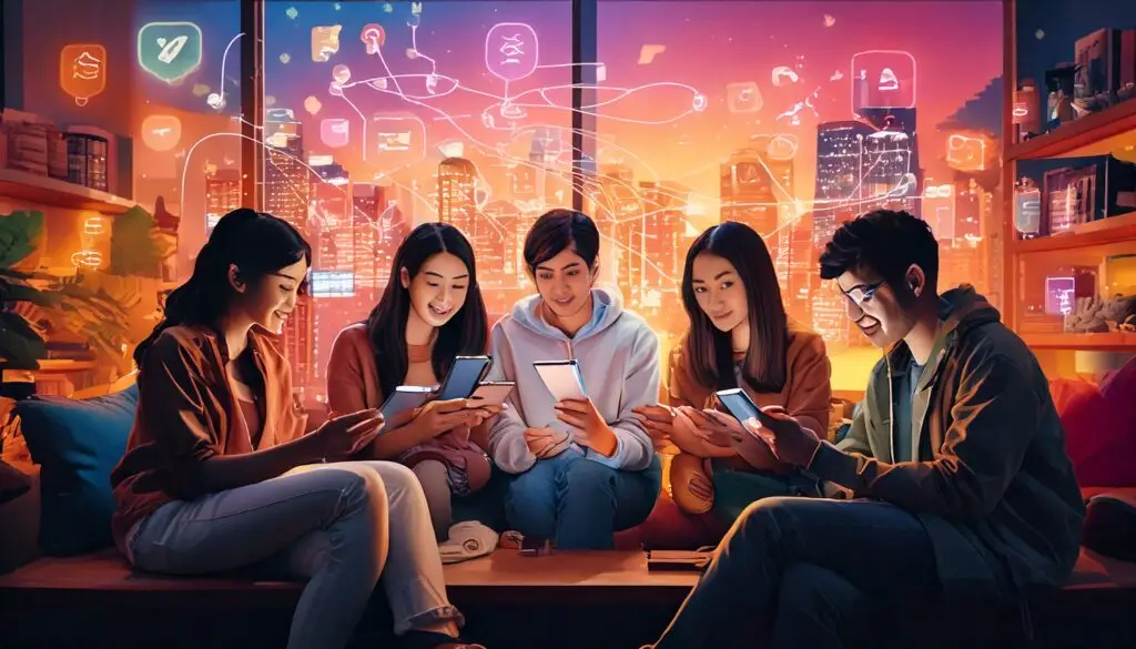 Group of Gen Z friends browsing TikTok and Instagram on smartphones in a cozy room with a futuristic cityscape background