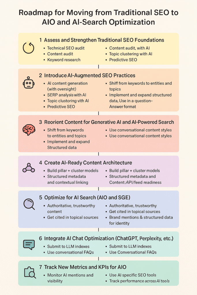 A roadmap titled "Moving from Traditional SEO to AIO and AI-Search Optimization" with seven phases, each listing steps like "Technical SEO audit," "AI content generation," and "Authoritative content." Icons include a gear, robot, brain, network, magnifying glass, chat bubble, and analytics symbol.