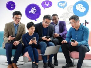Cyberpunk-style illustration of five marketing professionals on a couch using smartphones, surrounded by neon-lit AI-powered social commerce icons and a futuristic cityscape.