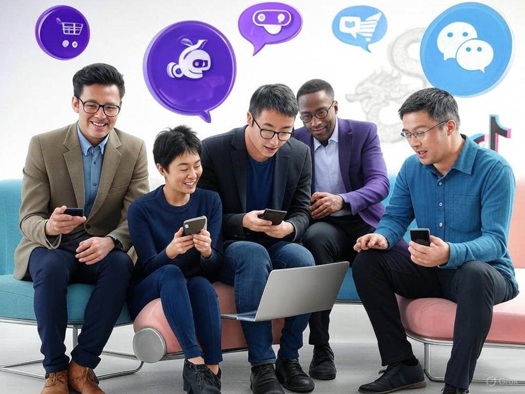 Cyberpunk-style illustration of five marketing professionals on a couch using smartphones, surrounded by neon-lit AI-powered social commerce icons and a futuristic cityscape.