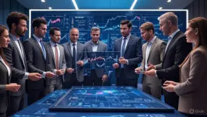 Expressionist painting of a team discussing AI-Search Optimization with holographic charts in a futuristic office.