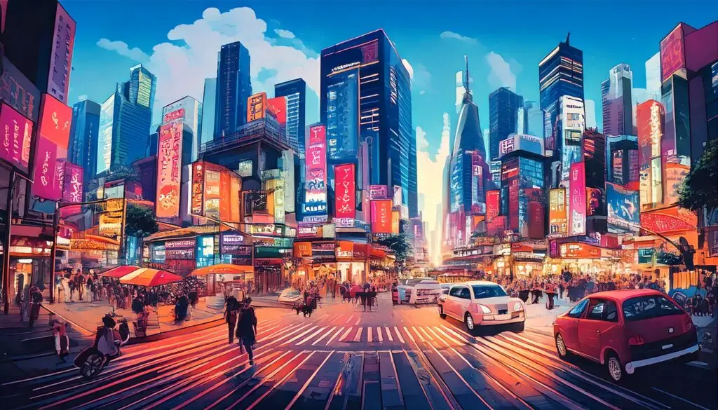 Futuristic Asian city illustration of social commerce with digital payments and BNPL, featuring busy streets and skyscrapers.