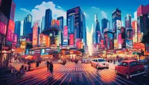 Futuristic Asian city illustration of social commerce with digital payments and BNPL, featuring busy streets and skyscrapers.