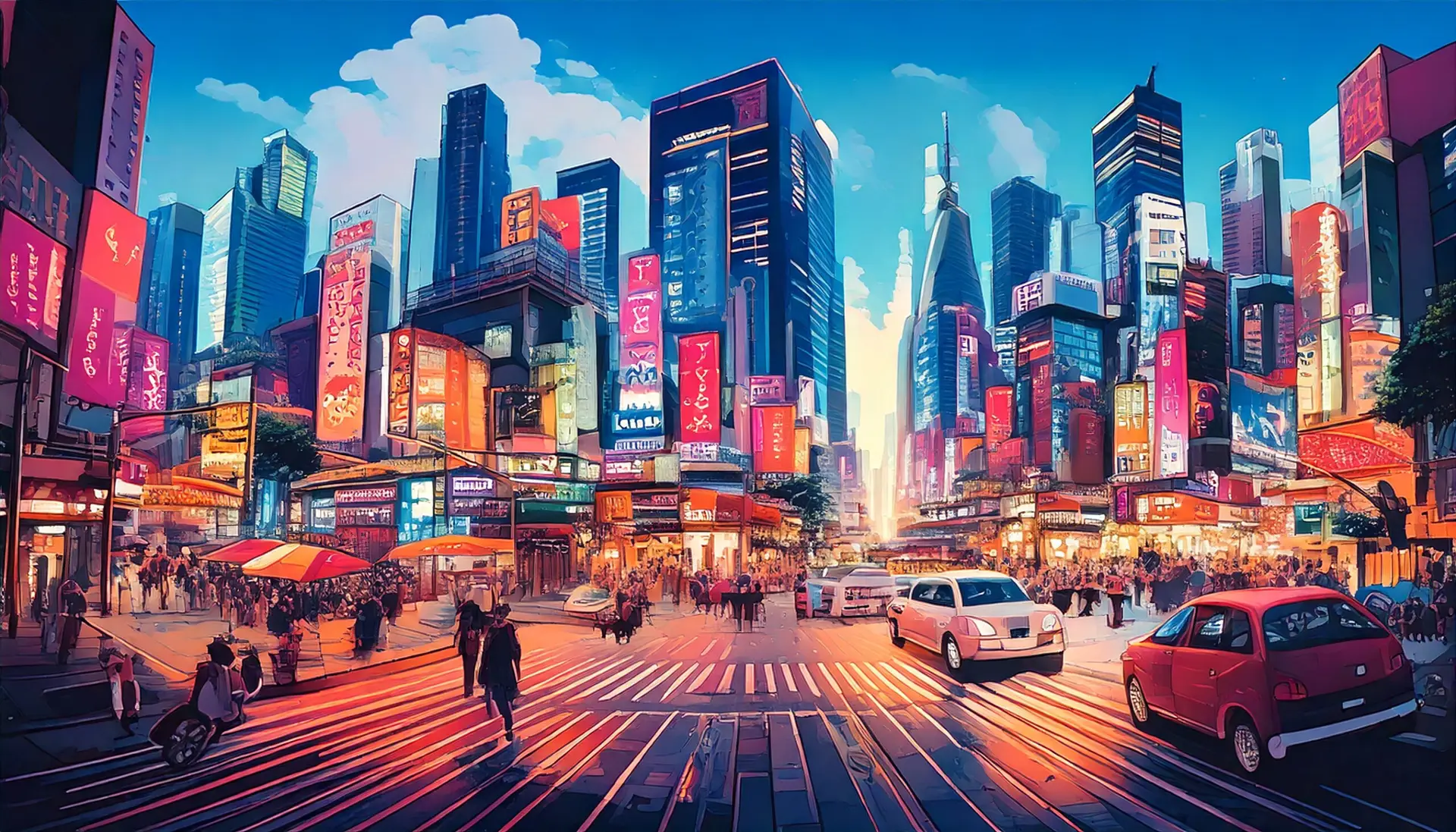Futuristic Asian city illustration of social commerce with digital payments and BNPL, featuring busy streets and skyscrapers.