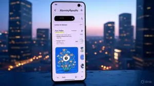Google Pixel 9 Pro showing AI Overview results with futuristic cityscape background