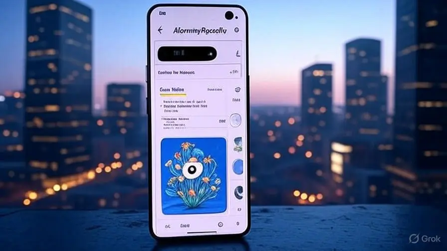 Google Pixel 9 Pro showing AI Overview results with futuristic cityscape background