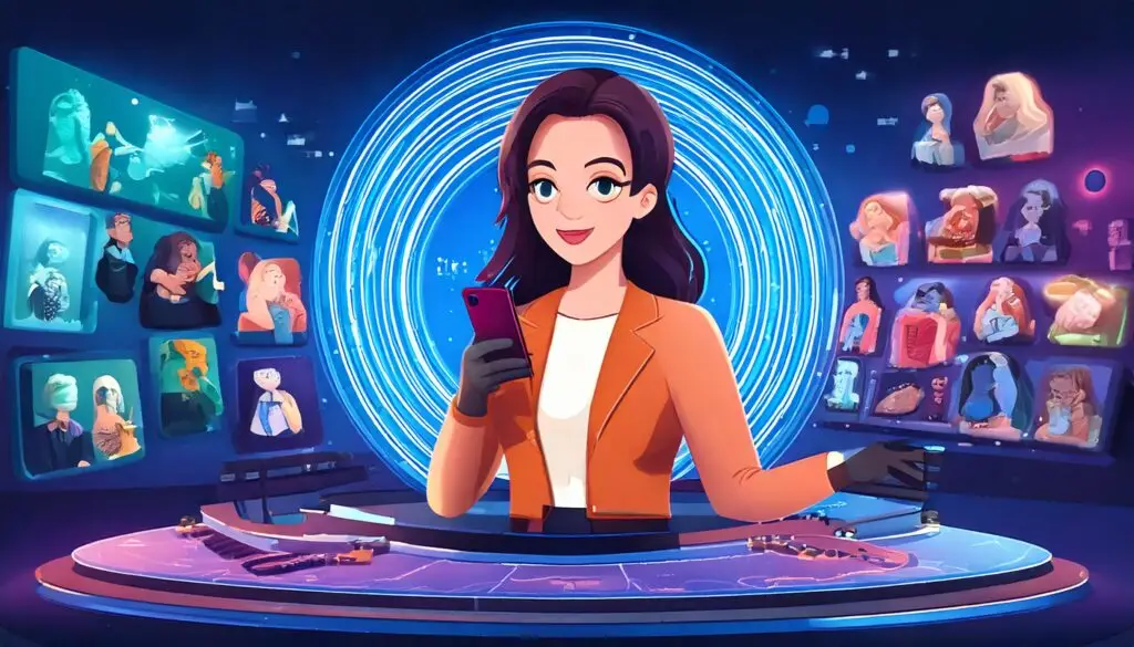 Illustration of live commerce in APAC with a host streaming, diverse shoppers, gamification features, and cultural landmarks in the background.