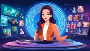 Illustration of live commerce in APAC with a host streaming, diverse shoppers, gamification features, and cultural landmarks in the background.