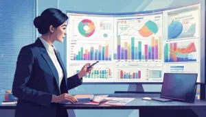 Marketing professional analyzing real-time analytics dashboard with graphs