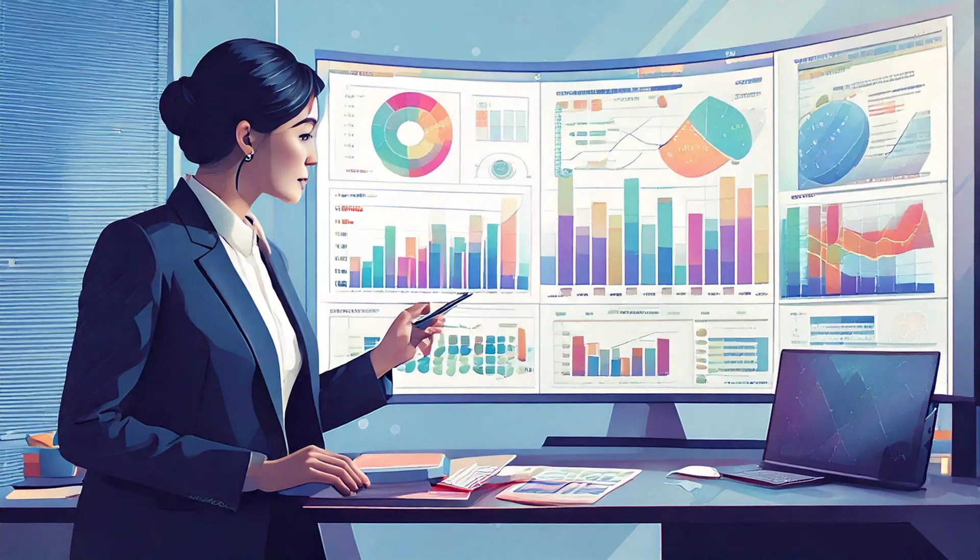 Marketing professional analyzing real-time analytics dashboard with graphs
