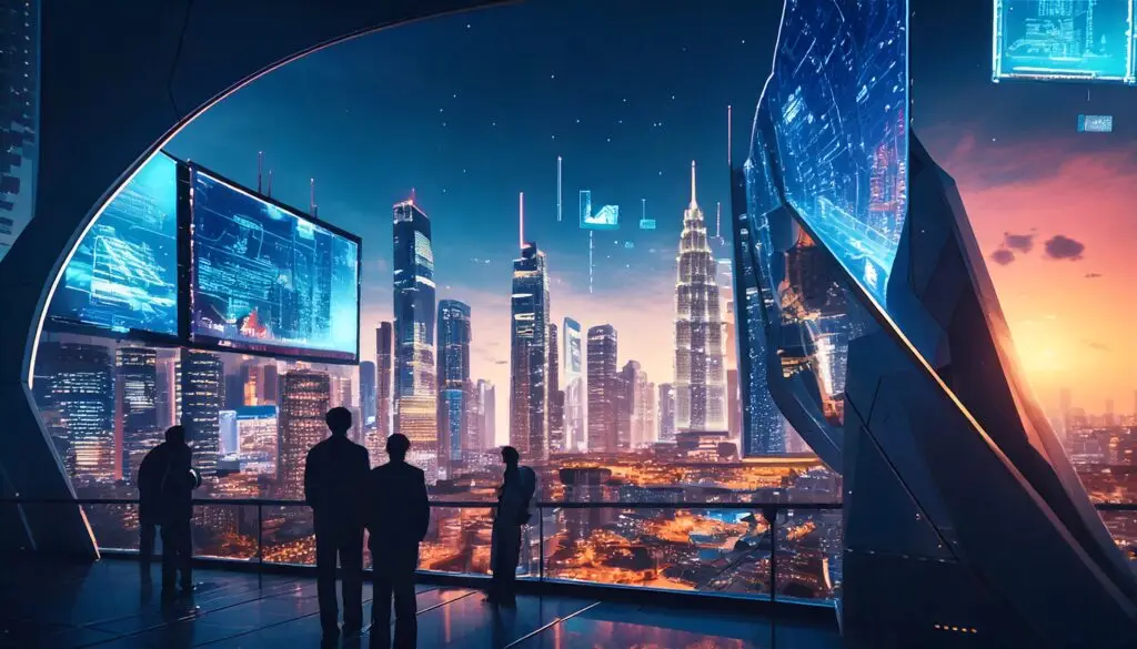 Futuristic Asian cityscape with digital billboards displaying AI-driven ads for AI advertising Asia Pacific, observed by silhouetted people