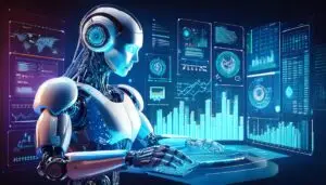 Abstract AI robot managing tasks with Agentic AI Marketing dashboard showing charts and workflows in the background.