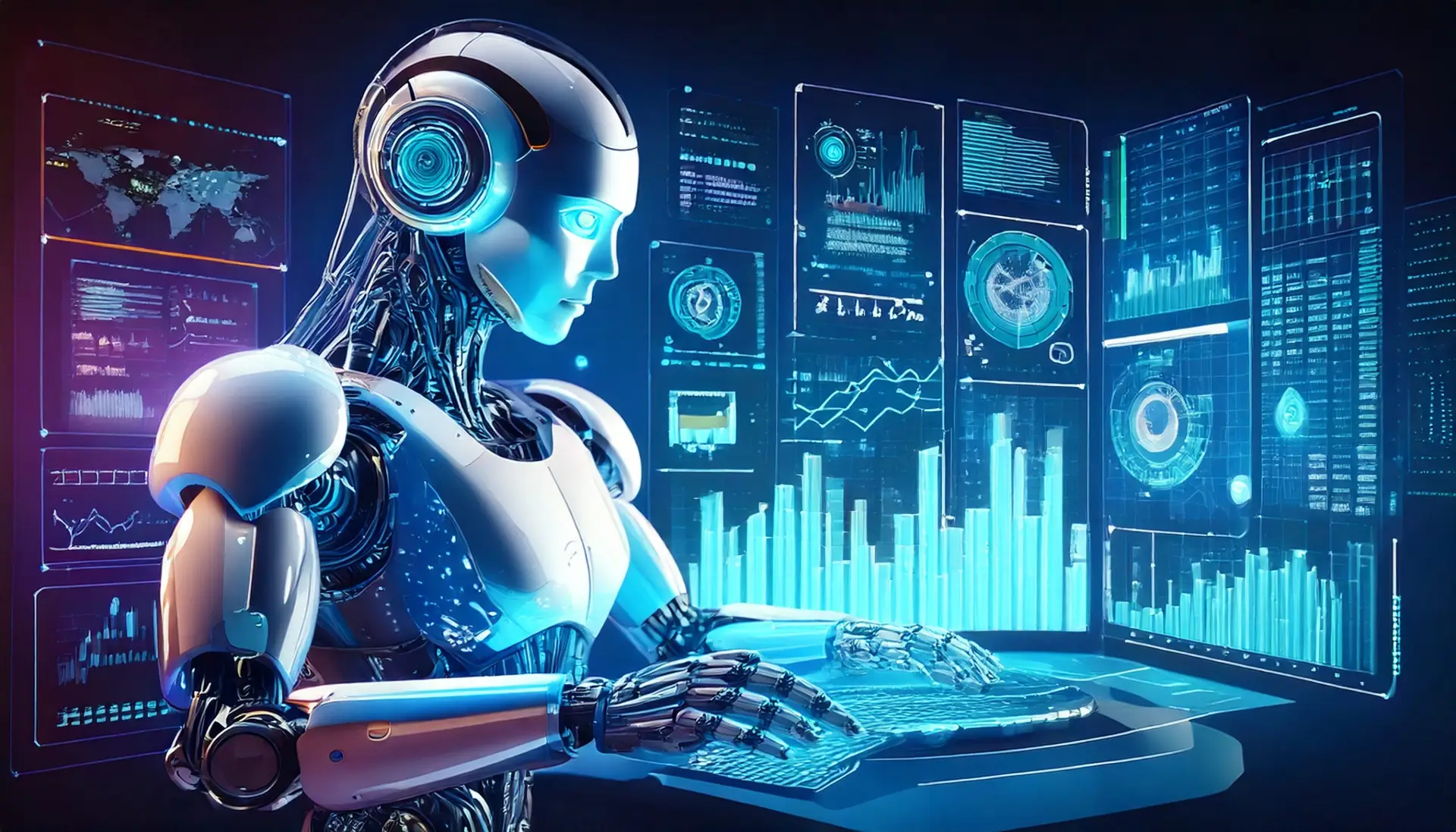 Abstract AI robot managing tasks with Agentic AI Marketing dashboard showing charts and workflows in the background.