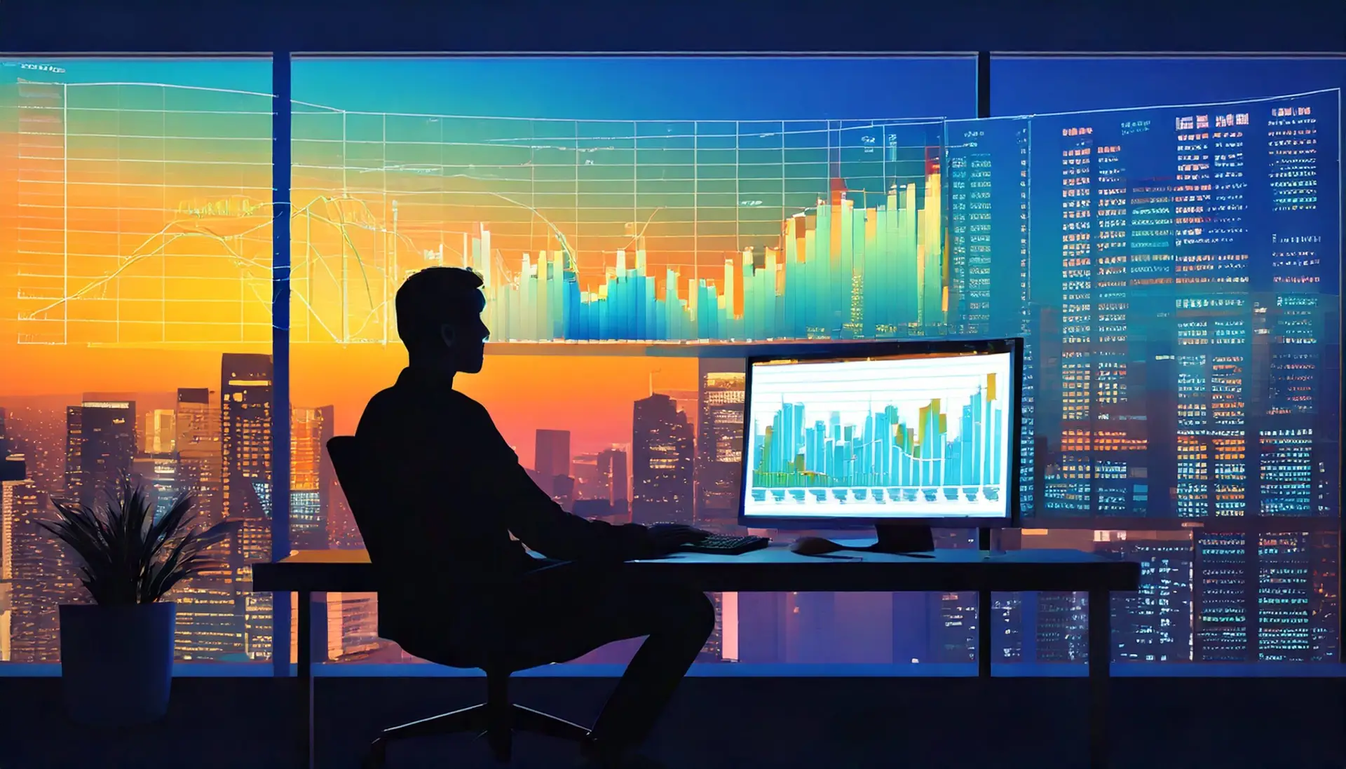AI Overview Analytics GA4 performance chart in high-tech office, silhouette managing data