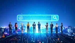Futuristic holographic search interface with AI elements and diverse users optimizing CMS deployment for Google AI Search visibility