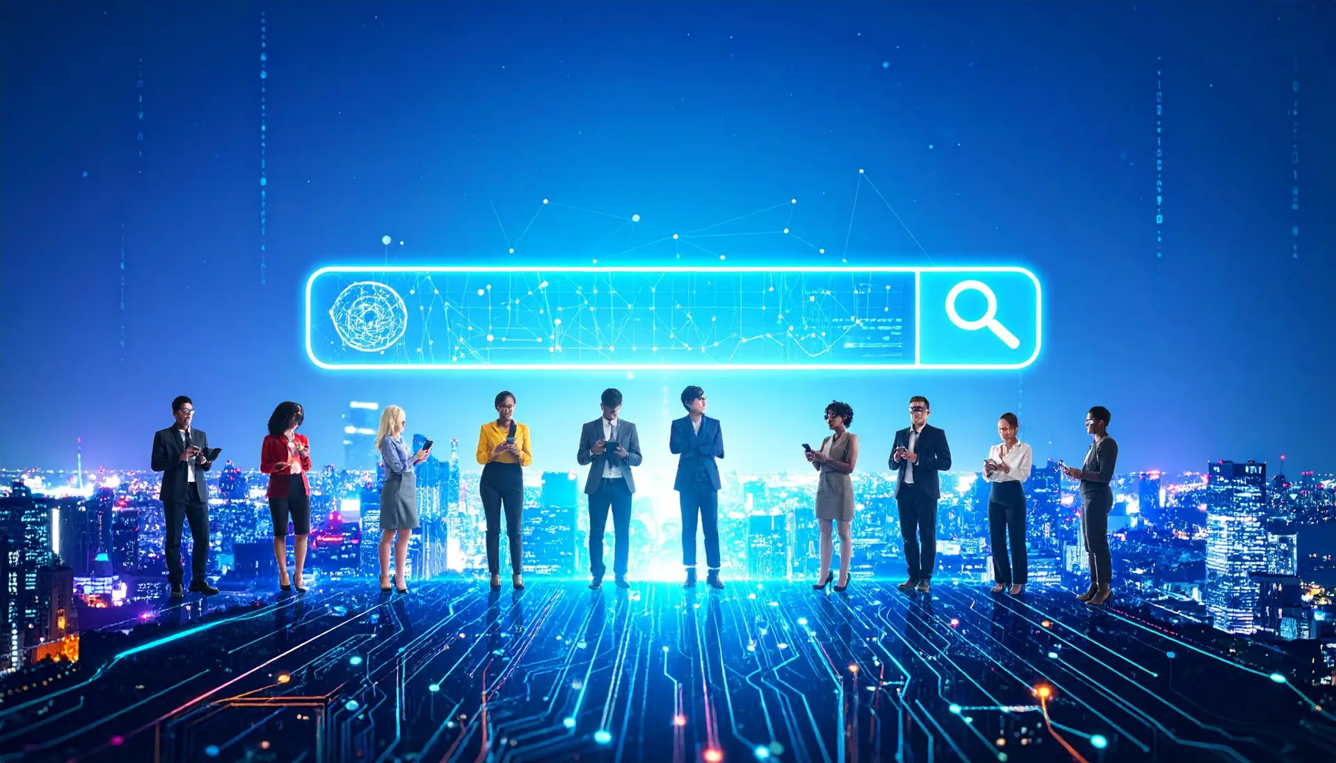 Futuristic holographic search interface with AI elements and diverse users optimizing CMS deployment for Google AI Search visibility