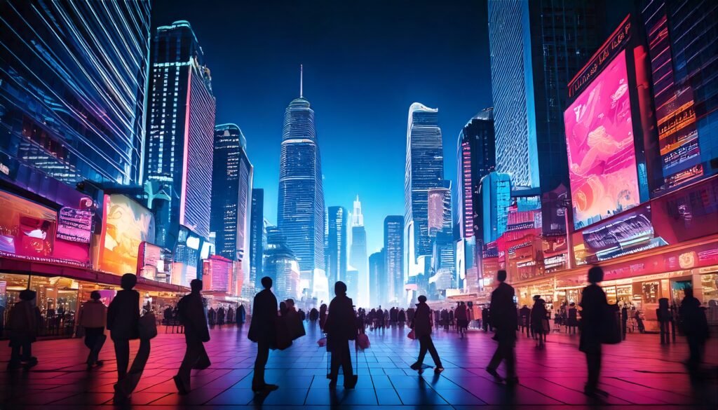 Futuristic cityscape with people shopping, featuring 3D screens on skyscrapers, symbolizing full funnel marketing and tech innovation.