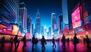 Futuristic cityscape with people shopping, featuring 3D screens on skyscrapers, symbolizing full funnel marketing and tech innovation.