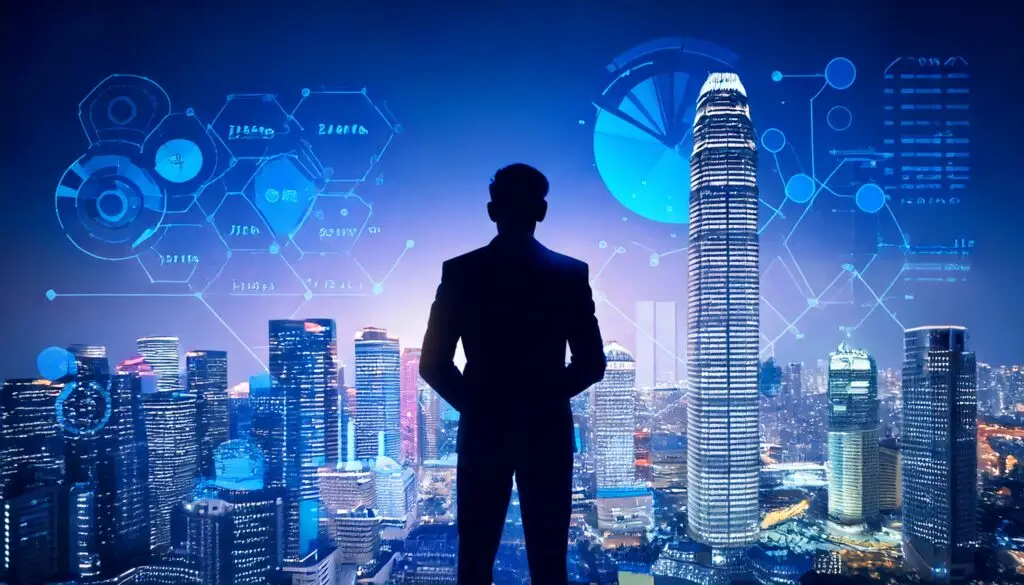Silhouette of a marketer overlooking a futuristic cityscape with glowing charts and graphs, symbolizing modern marketing and data-driven strategies.