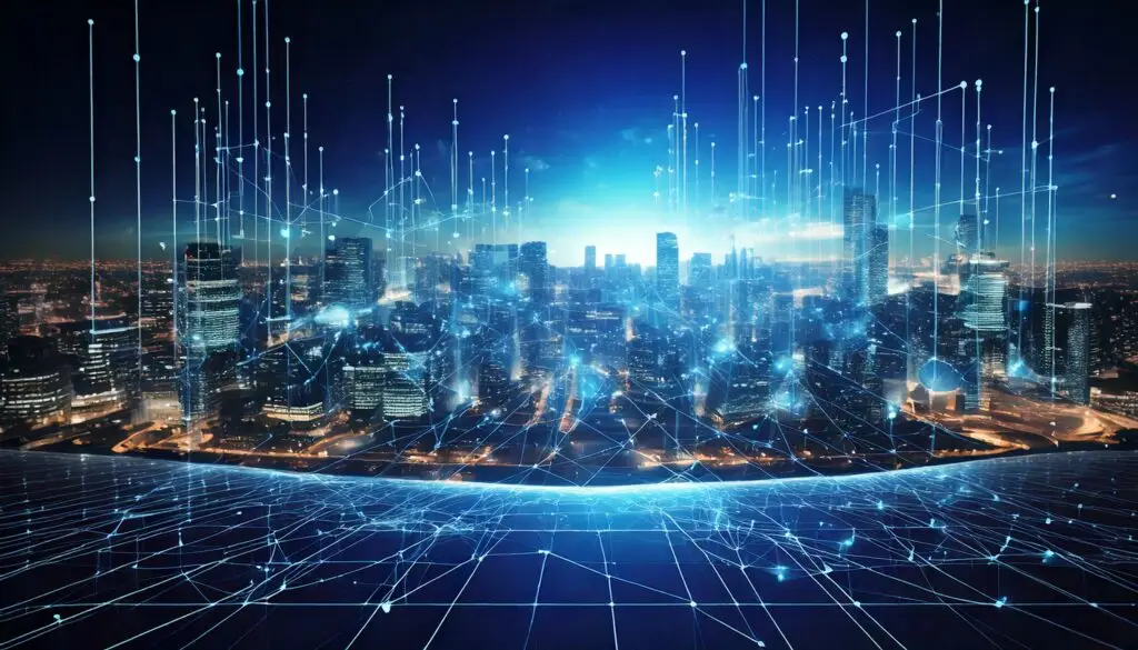 Futuristic cityscape with glowing digital networks and AI connectivity, symbolizing the MarTech revolution.