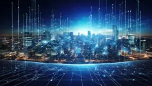 Futuristic cityscape with glowing digital networks and AI connectivity, symbolizing the MarTech revolution.