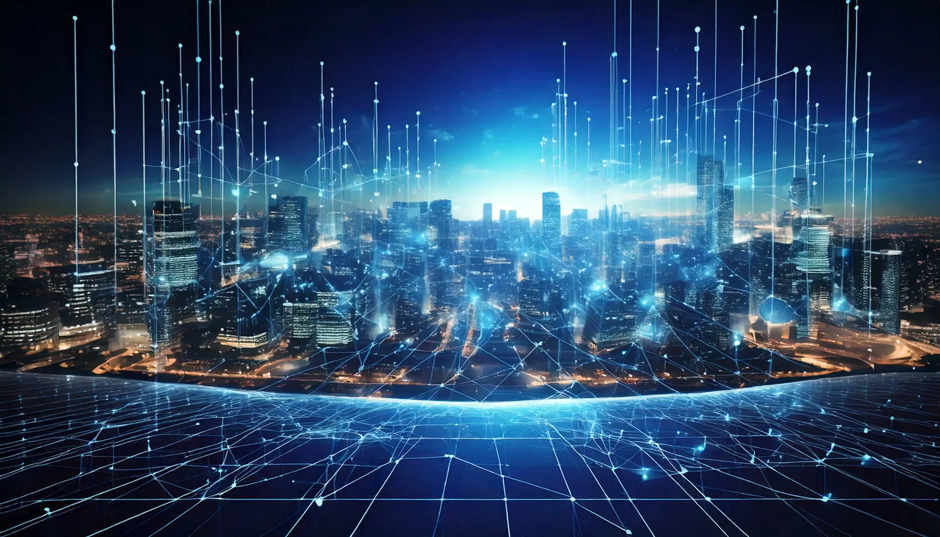 Futuristic cityscape with glowing digital networks and AI connectivity, symbolizing the MarTech revolution.