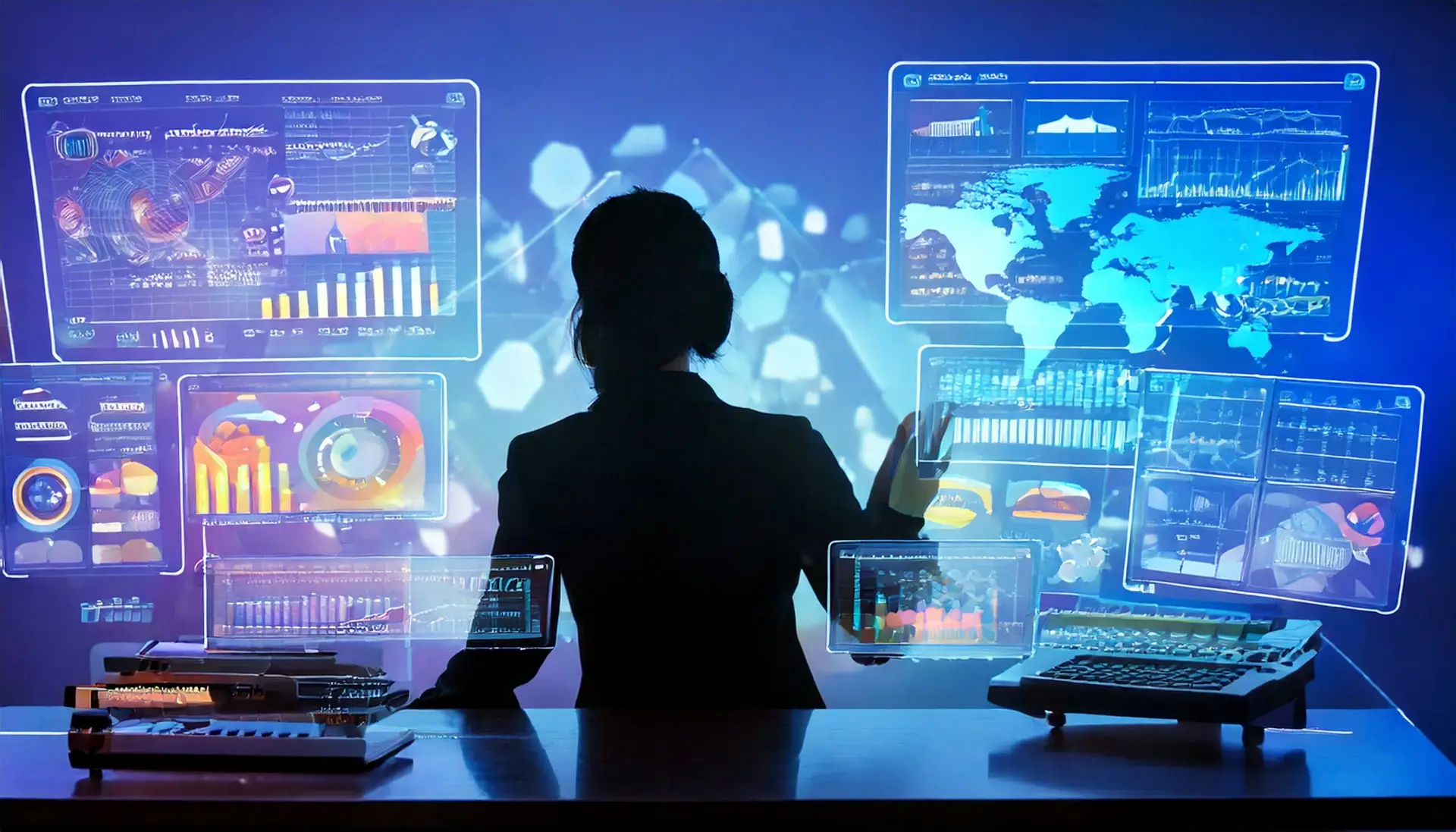 Silhouette of a marketer analyzing modern marketing skills with digital dashboards and data visualizations