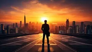 Silhouette of a marketer at a crossroads, symbolizing T-shaped talent, with an APAC city skyline at sunset, representing 28 years of marketing expertise.