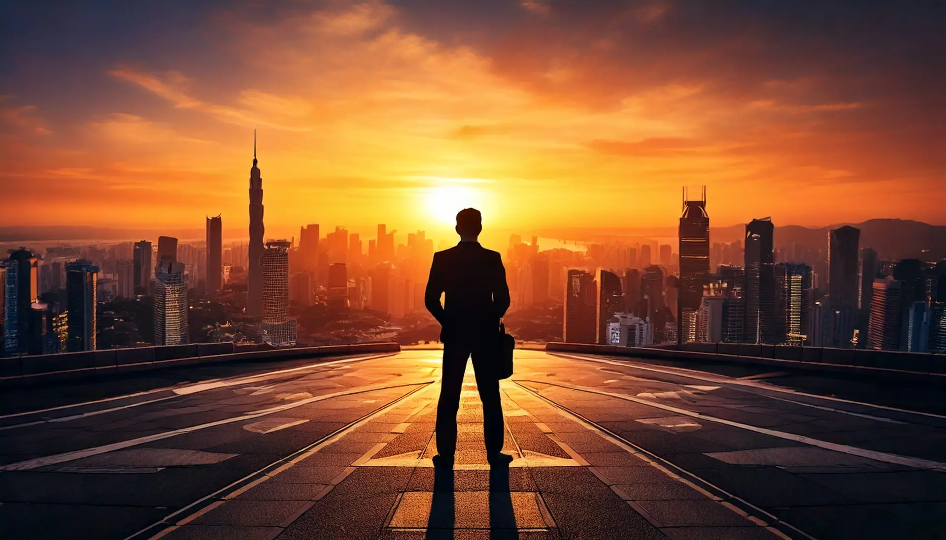 Silhouette of a marketer at a crossroads, symbolizing T-shaped talent, with an APAC city skyline at sunset, representing 28 years of marketing expertise.