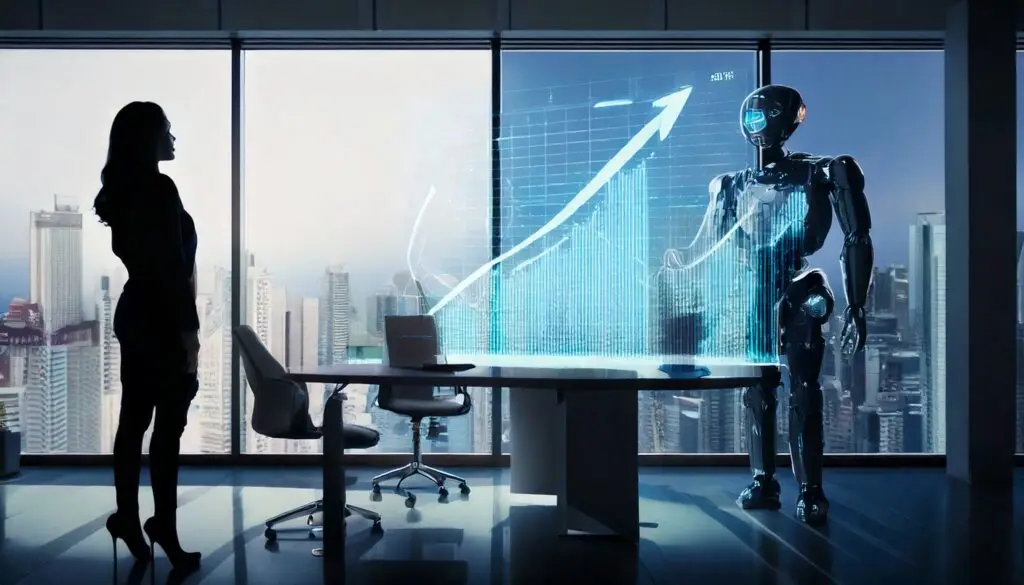 Silhouette of human and robot co-pilot in office analyzing upward growth charts with AI marketing tools in Asia.