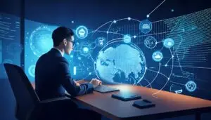 Professional in command center managing DXP for AI search optimization, connecting Google AI Overviews, ChatGPT, AIO, AEO, GEO, SXO with CDP data in MarTech ecosystem.