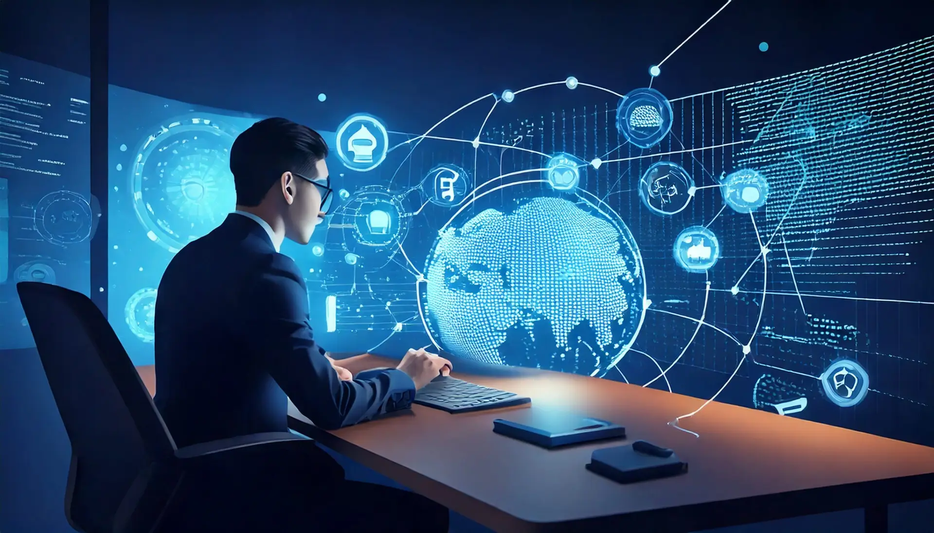 Professional in command center managing DXP for AI search optimization, connecting Google AI Overviews, ChatGPT, AIO, AEO, GEO, SXO with CDP data in MarTech ecosystem.