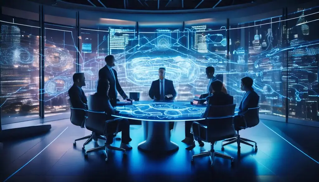 Futuristic digital art of a high-tech boardroom with C-suite executives collaborating, digital screens showing data visualizations, a glowing network of unified data, and a holographic trophy, symbolizing Martech ROI and execution-first marketing strategies.