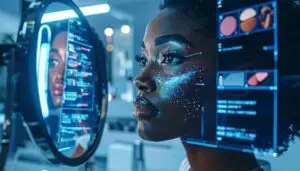 A close-up of a person of color looking into a futuristic mirror, using augmented reality (AR) to virtually try on makeup with a digital overlay on her face.