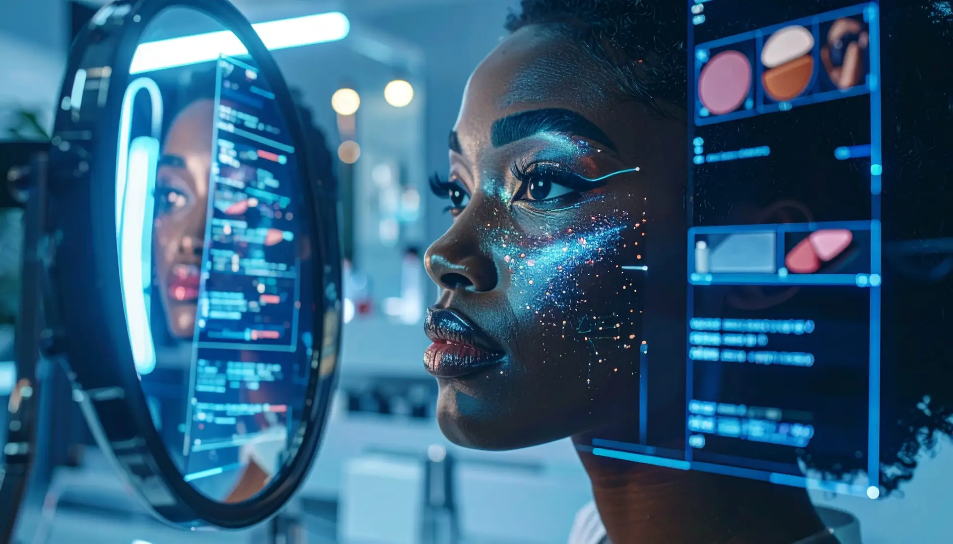 A close-up of a person of color looking into a futuristic mirror, using augmented reality (AR) to virtually try on makeup with a digital overlay on her face.