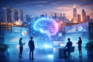 AI marketing operations in APAC illustrated through Singapore and Ho Chi Minh City cityscapes with intelligent data and analytics visualisation