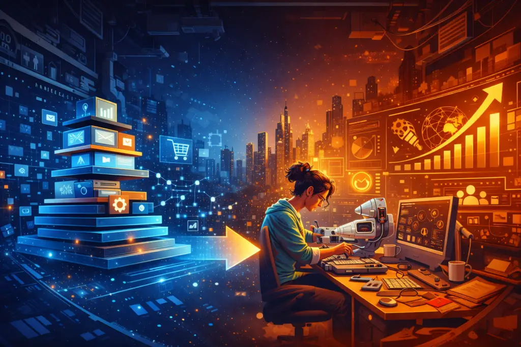 Visual representation of a MarTech Growth Architect transitioning from managing fragmented marketing technology stacks to architecting intelligent, scalable growth.