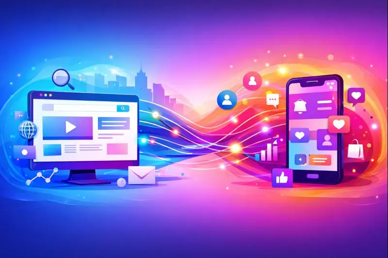 Illustration showing web and mobile app connected in an omnichannel digital marketing journey for acquisition and retention.