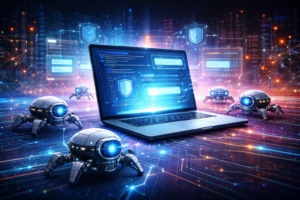 Futuristic laptop surrounded by AI crawler robots in a colorful digital network environment representing AI Crawler Governance and controlled AI visibility