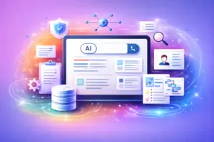 Colorful digital illustration of AI-driven search retrieval connected to structured CMS components, schema modules, and content architecture enabling AI visibility.