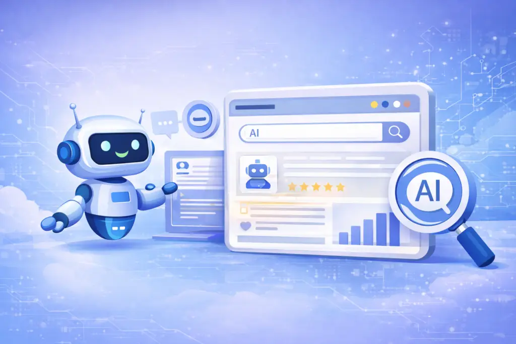 A clean digital illustration of a friendly AI robot beside a search interface and magnifying glass, representing AI search optimization and AI visibility in modern search engines