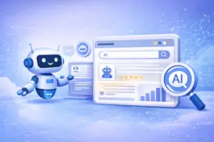 A clean digital illustration of a friendly AI robot beside a search interface and magnifying glass, representing AI search optimization and AI visibility in modern search engines