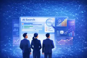 Modern digital illustration of executives analyzing AI-driven search data and analytics dashboards, representing AI Visibility Measurement and AI Search Optimization.