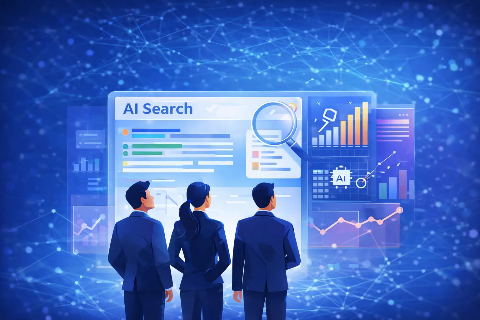 Modern digital illustration of executives analyzing AI-driven search data and analytics dashboards, representing AI Visibility Measurement and AI Search Optimization.
