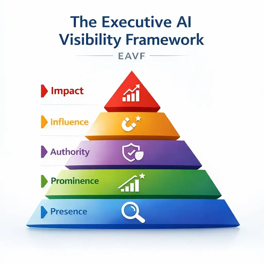 Vertical infographic on white background illustrating the Executive AI Visibility Framework for AI Visibility Measurement, showing a five-layer pyramid model: Presence, Prominence, Authority, Influence, and Impact.