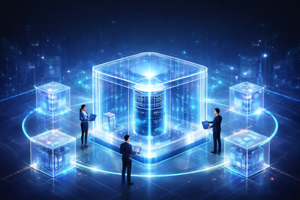 A transparent data clean room visual showing secure data collaboration for AI marketing, with protected data at the center and controlled data flows around it.