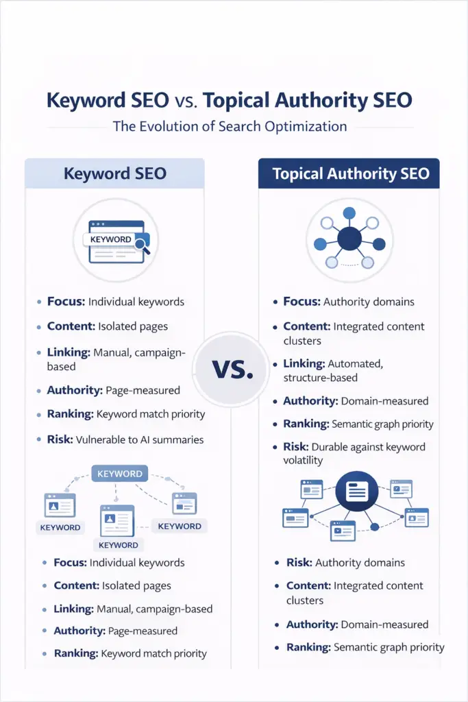 Side-by-side comparison infographic showing differences between Keyword SEO and Topical Authority SEO across focus, content structure, linking, ranking signals, and AI visibility
